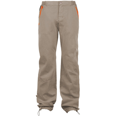 Die E9 Lobo Boulderhose in Grau hat einen engeren Schnitt und farblich abgesetzte Taschen. Viel Bewegungsfreiheit durch Zwickeleinsatz und vorgeformte Knie