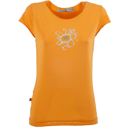 Das Rica ist ein enganliegendes T-Shirt für Frauen mit ganz kurzen Ärmeln im tollen Lochmuster. Mit floralem E9 Print vorne