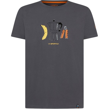 Das La Sportiva Breakfast T-Shirt besteht aus reiner Biobaumwolle und zeigt auf dem großen Print vorne alle Essentials eines Frühstücks für Kletterer