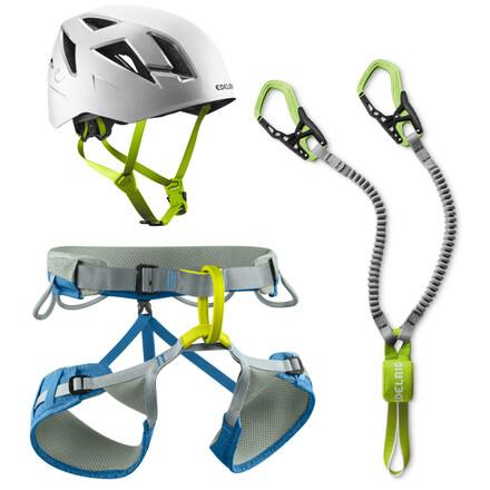 Das hochwertige Edelrid Jay Kit KSS Klettersteig Komplettset beinhaltet den Zodiac Helm, den Jay Klettergurt und das bewährte Cable Kit Klettersteigset.
