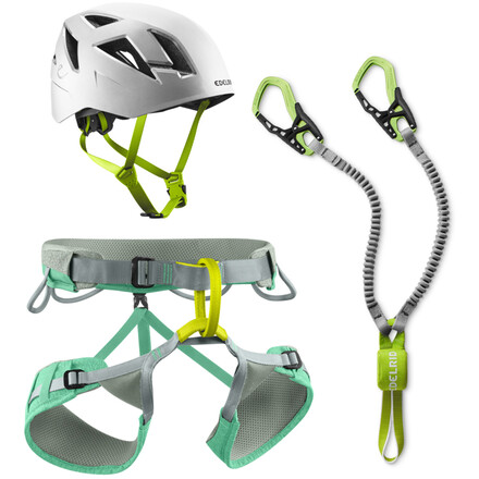 Das Edelrid Women’s Jayne Kit KSS Klettersteig Komplettset besteht aus dem Zodiac Hybridhelm, dem Jayne Klettergurt und dem Cable kit Klettersteigset.