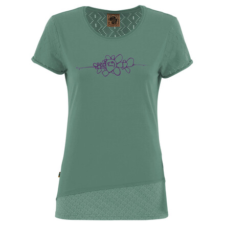 Das Bonny ist ein Boulder-T-Shirt für Frauen aus Bio-Baumwolle mit E9-Logo-Print auf der Vorderseite und stylischem Jersey-Jacquard auf der Rückseite.