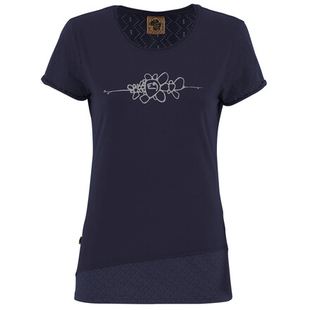 Das Bonny ist ein Boulder-T-Shirt für Frauen aus Bio-Baumwolle mit E9-Logo-Print auf der Vorderseite und stylischem Jersey-Jacquard auf der Rückseite.