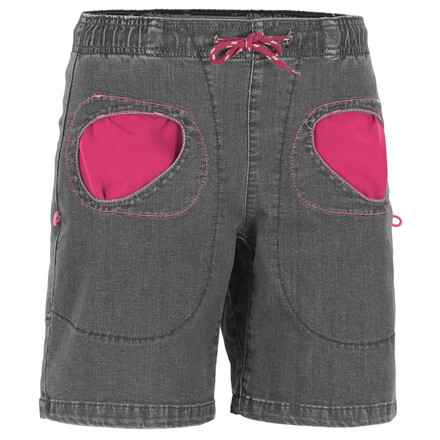 Die Onda Short Denim von E9 ist eine kurze Boulderjeans mit runden und in Kontrastfarbe hinterlegten Taschen für Frauen, die etwas Besonderes suchen.