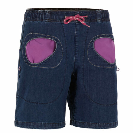Die Onda Short Denim von E9 ist eine kurze Boulderjeans mit runden und in Kontrastfarbe hinterlegten Taschen für Frauen, die etwas Besonderes suchen.