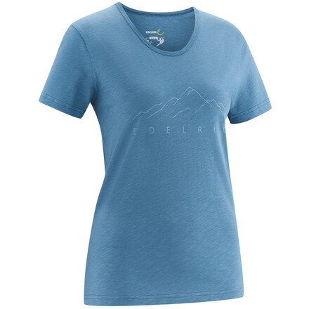 Das Edelrid Highball T-Shirt für Frauen wird in Portugal aus reiner Biobaumwolle hergestellt, ist atmungsaktiv und ist voll aufs Klettern abgestimmt