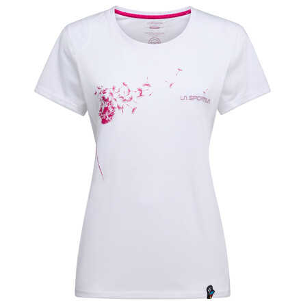 Das La Sportiva Windy T-Shirt für Frauen ist mit einem luftig-leichten Pusteblumen Print in Kontragsfarbe genau richtig für sommerliche Klettereien draußen