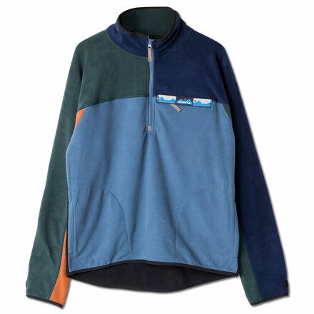 Das Kavu Winter Throwshirt im angesagten Color-Blocking ist ein robuster und gut wärmender Fleecepullover. Mit Half Zip und zwei großen Handwärmtaschen.