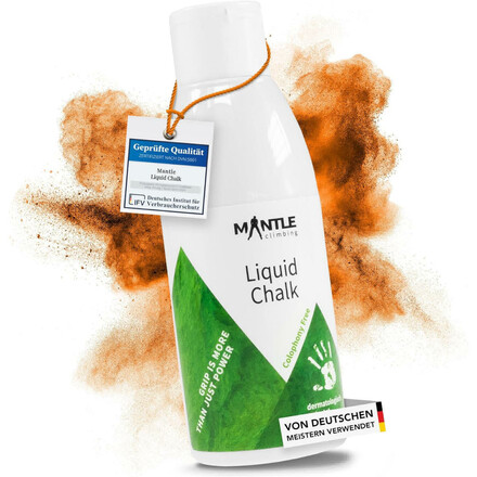Das flüssige Chalk von Mantle kommt ohne Kolophonium aus was besonders schonend für den Fels als auch für die Griffe in der Halle ist
