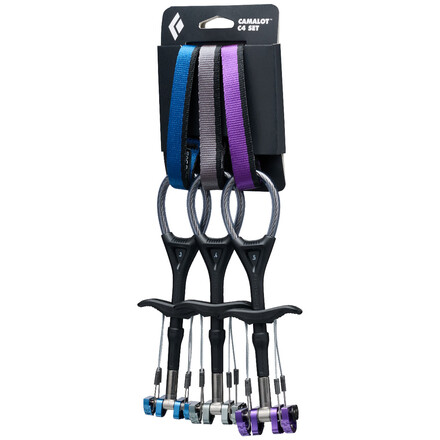 Das Black Diamond Camalot C4 Set 0.3–0.5 bietet leichten, zuverlässigen Schutz für schmale bis mittlere Risse beim Klettern.