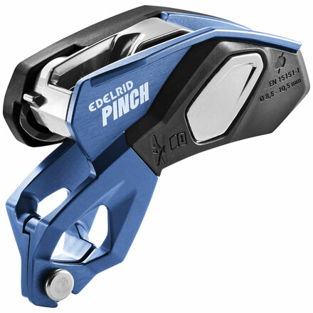 Das vielseitige Edelrid Pinch Sicherungsgerät mit Blockierunterstützung wird direkt am Gurt eingebunden und gewährleistet eine erhöhte Bremsseilkontrolle.